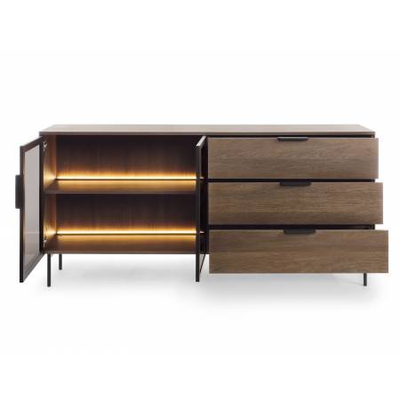 Komoda 180 cm z szufladami + LED przeszklona LIMA dąb dunin + czarny